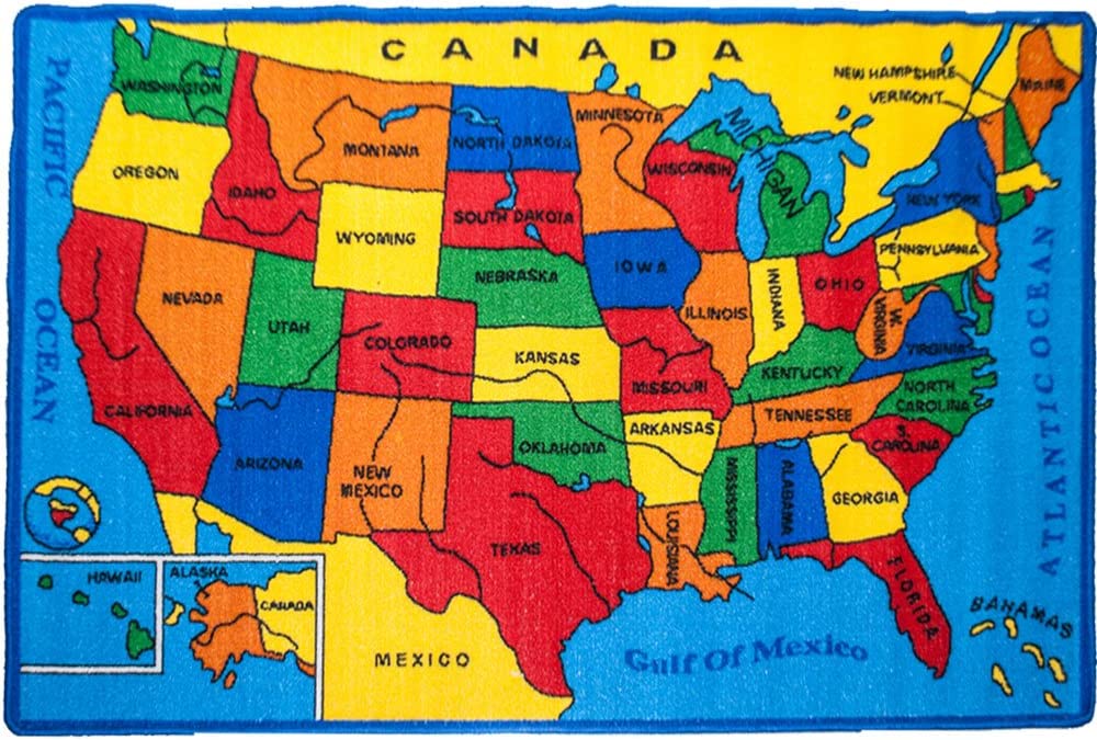 Kids Rug USA Map Area Rug 3' x 5' (3'3" X 4'9") (39" x 56") ( 99cm x 142cm) Non Slip Gel Backing