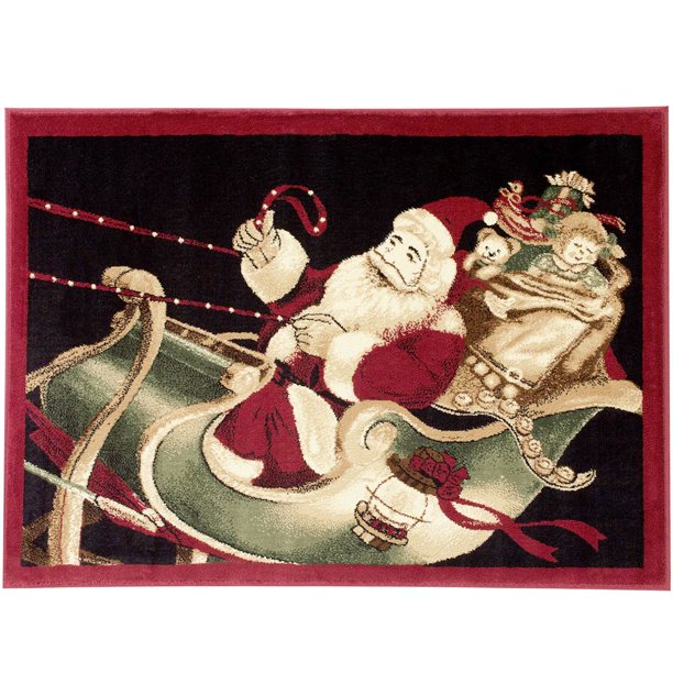 Christmas Rug Holiday Décor Santa on Sled Area Rug Approximately: 3'4" x 4'6" Woven for Home Dining Room Living Room